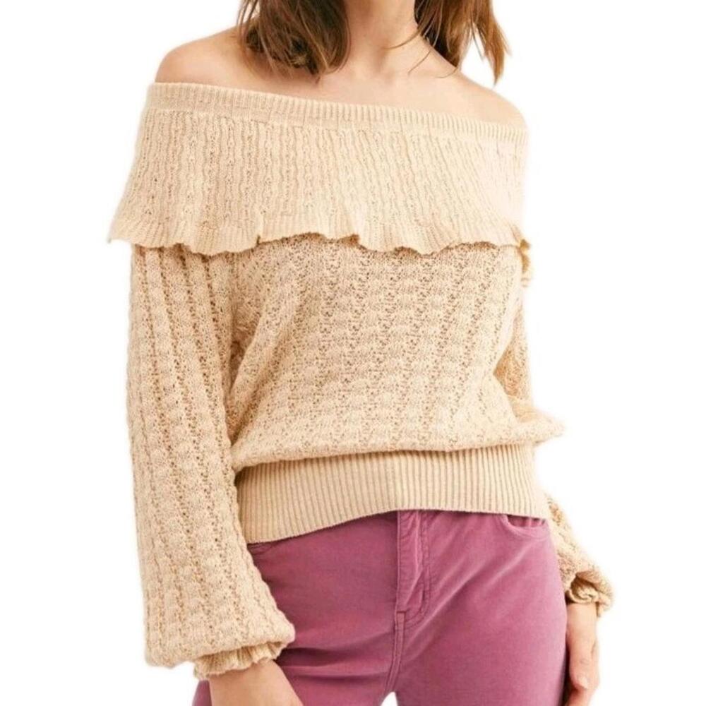Cream Free People Meyer Lemon Balloon Sleeve Ruffle Pullover Sweater Size M #F - Picture 1 of 8